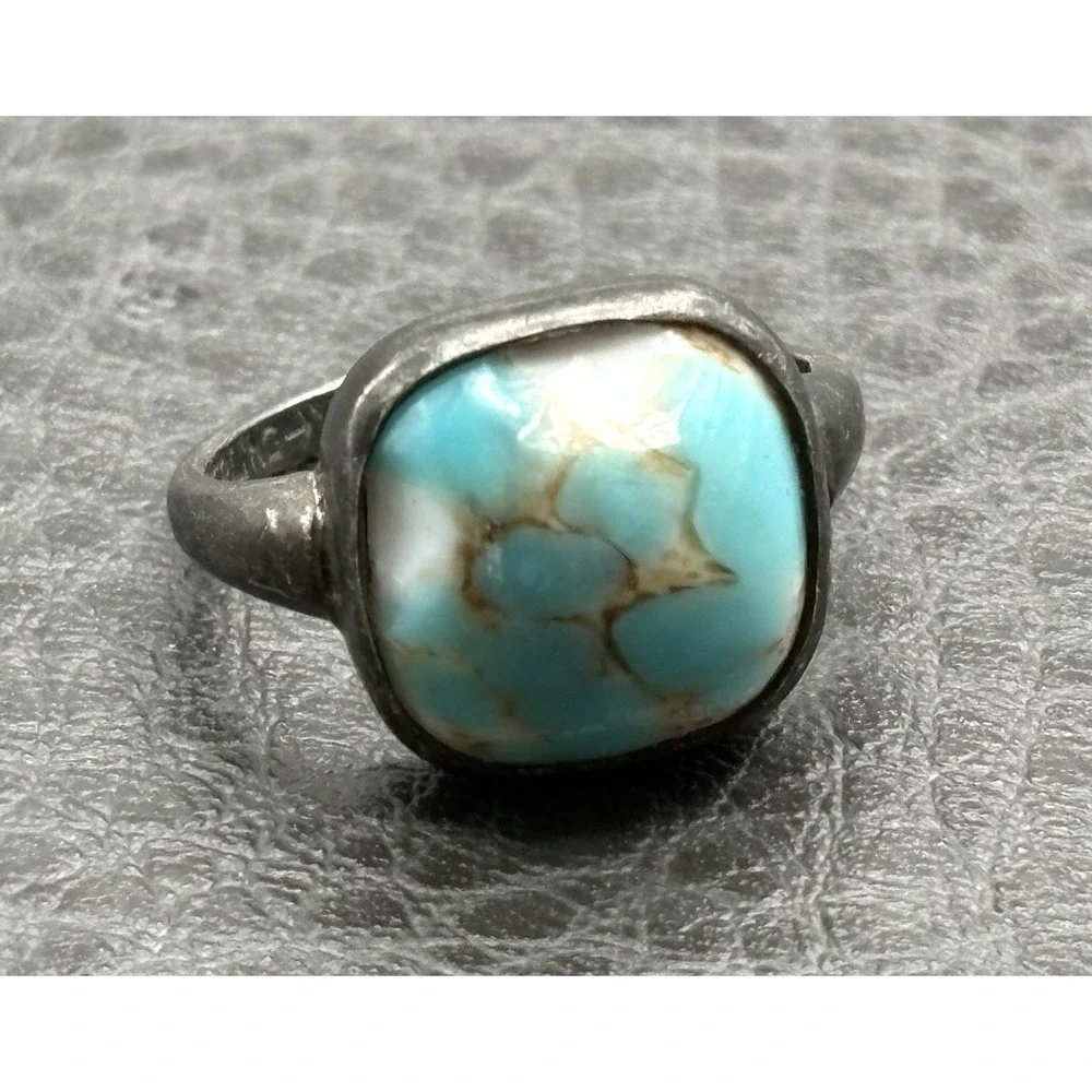 Vintage Uncas Oxidized Sterling Silver Faux Turquoise Blue Ring Ladies Sz 4.5